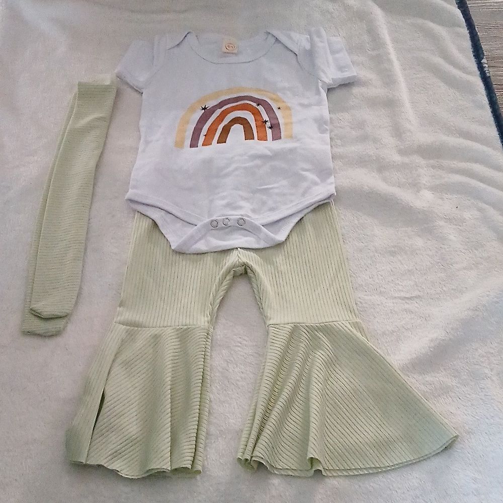 Rainbow and sage bellbottom pants with sash for headband Sz 80 (9-12 months)